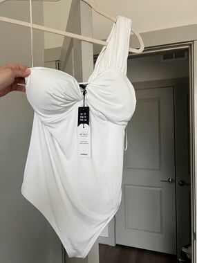 Express White One-Shoulder Swimsuit with Gathered Bust